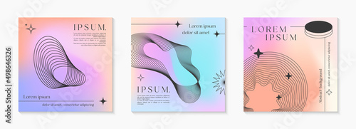 Vector mesh gradient backgrounds with wireframe geometric shapes,copy space for text.Abstract illustrations in y2k aesthetic.Pastel colors.Trendy minimalist designs for banners,social media,covers.