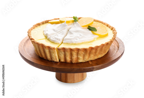 Wooden stand with tasty baked lemon pie on white background