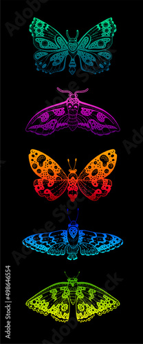 Butterfly neon vector design on black background. Abstract spring boho moth pattern. Sparkle moth rainbow art. Isolated light sticker illustration. Summer butterfly set. Bright effect cartoon animal