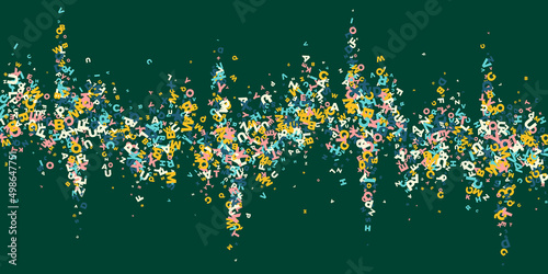 Falling letters of English language. Light flying words of Latin alphabet. Foreign languages study concept. Immaculate back to school banner on blackboard background.