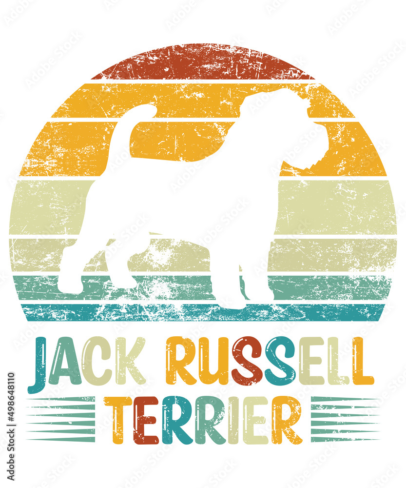 Jack Russell Terrier Retro Vintage Sunset T-shirt Design template, Terrier on Board, Car Window Sticker, POD, cover, Isolated white background, White Dog Silhouette Gift for Jack Russell Terrier Lover