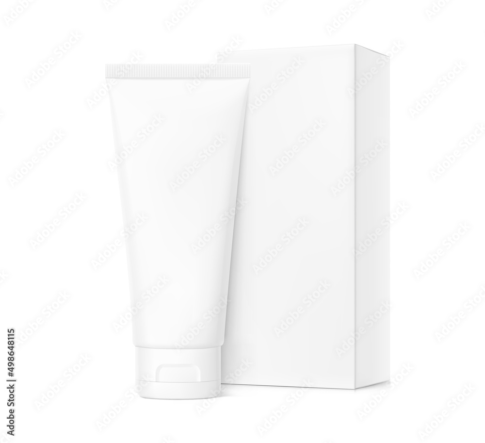 Blank plastic tube mockup with realistic box. Vector illustration isolated on background. Can be use for your design, advertising, promo and etc. EPS10. Blank plastic tube mockup with realistic box. Vector illustration isolated on background. Can be use for your design, advertising, promo and etc. EPS10.