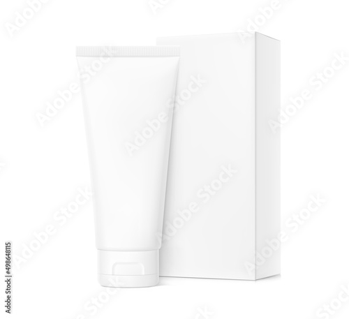 Blank plastic tube mockup with realistic box. Vector illustration isolated on background. Can be use for your design, advertising, promo and etc. EPS10.	