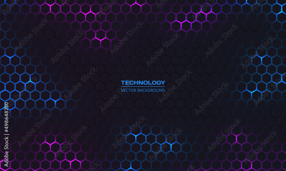 Dark hexagon abstract technology background with blue and purple ...