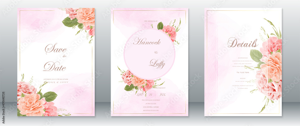 Wedding invitation card template elegant of pink watercolor background with golden frame and rose bouquet