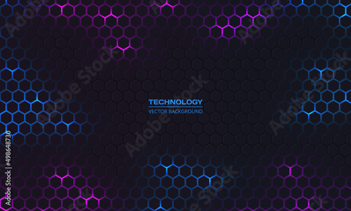 Dark hexagon abstract technology background with blue and purple colored bright flashes under hexagon. Hexagonal gaming vector abstract tech background.