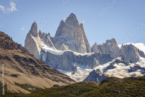 View of Mount Fitz Roy or Cerro Chalten. Fitz Roy is a mountain located near El Chalten, in southern Patagonia, on the border between Argentina and Chile.