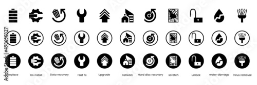 Computer repair fixing services (2) including virus spyware removal broken screen hard drive disk recovery home & office network water damage unlock upgrade install and more vector icon set collection