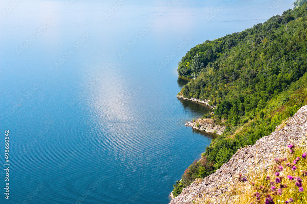 Defocus top view on sea, mountains and rock. Bakota, Ukraine. Italy, Croatia, Spain sea. Landscape. Summer vacation background. Out of focus