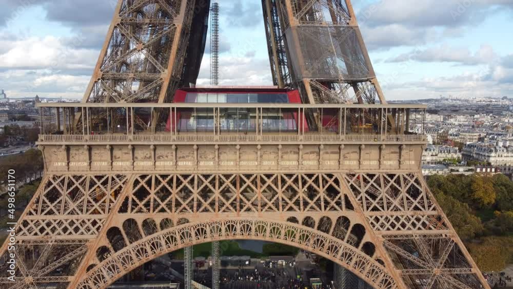 Static drone footage from the first observation deck of the Eiffel Tower.
