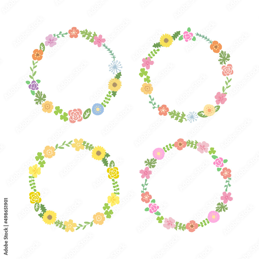 かわいい手描き春の草花の輪フレームセット