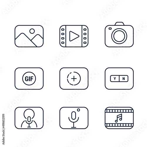 Social media content types, including photos, videos, gif, stories and podcasts. Vector icons of the social media contents. Line iconography and vector illustration.