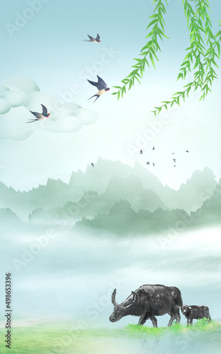 Chinese wind solar terms Jiangnan landscape illustration