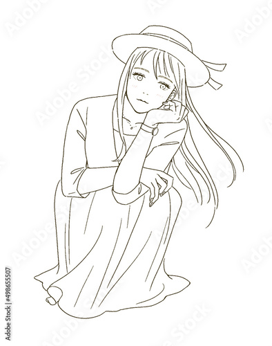 ビューティー　帽子をかぶってしゃがむ女性のイラストレーション