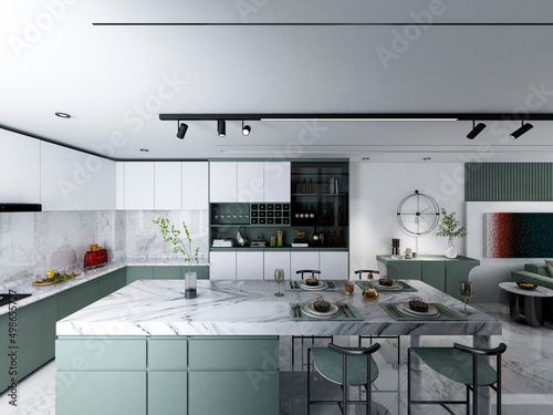 Fototapeta Naklejka Na Ścianę i Meble -  3D rendering,Spacious modern luxurious kitchen with bar design.