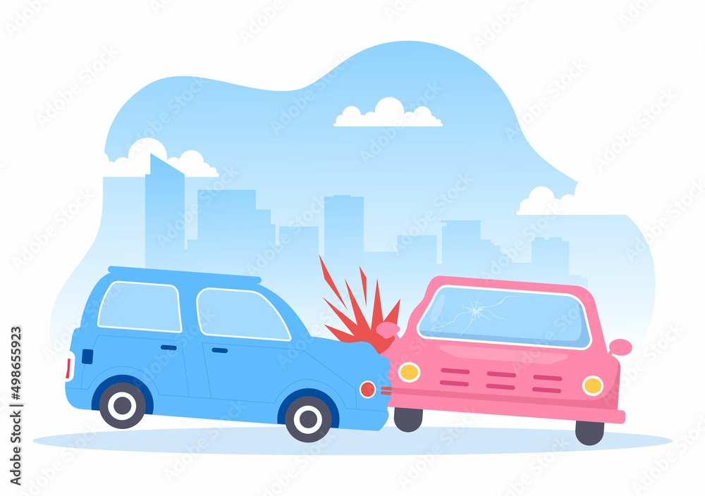 Car Accident Background Illustration with Two Cars Colliding or Hitting Something on the Road Causing Damage in Cartoon Flat Style Car Accident Background Illustration with Two Cars Colliding or Hitting Something on the Road Causing Damage in Cartoon Flat Style