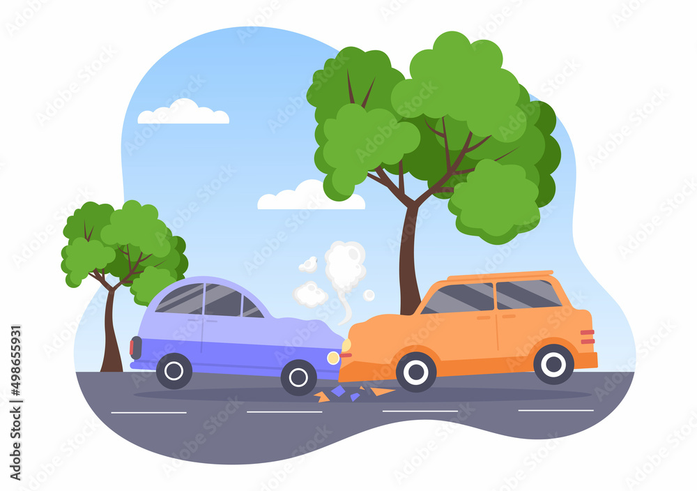 Car Accident Background Illustration with Two Cars Colliding or Hitting Something on the Road Causing Damage in Cartoon Flat Style