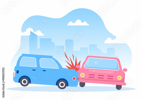 Car Accident Background Illustration with Two Cars Colliding or Hitting Something on the Road Causing Damage in Cartoon Flat Style © denayune