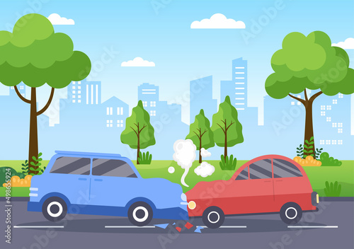 Fototapeta Naklejka Na Ścianę i Meble -  Car Accident Background Illustration with Two Cars Colliding or Hitting Something on the Road Causing Damage in Cartoon Flat Style