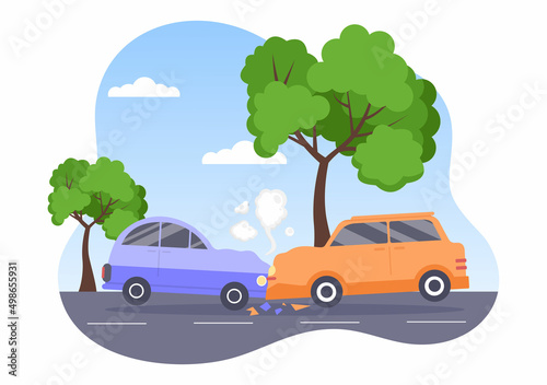 Car Accident Background Illustration with Two Cars Colliding or Hitting Something on the Road Causing Damage in Cartoon Flat Style