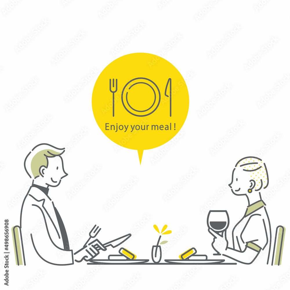 外食を楽しむカップル シンプルでお洒落な線画イラスト Stock Illustration Adobe Stock