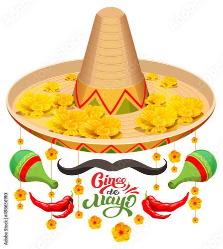 Cinco de mayo sombrero hat, red pepper and mustache symbol of mexican holiday