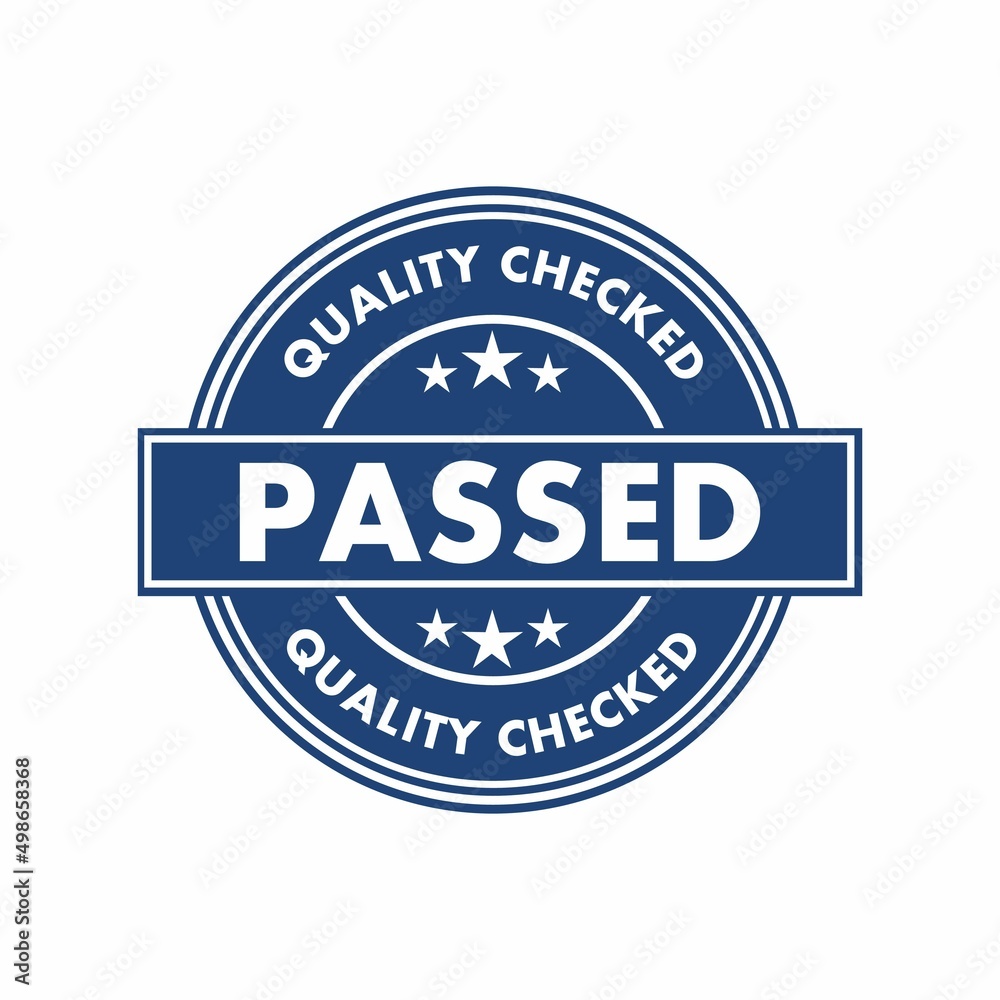 QUALITY CHECKED Passed Signed Stamping Text . Blue Ink on Clean White Paper Surface Background