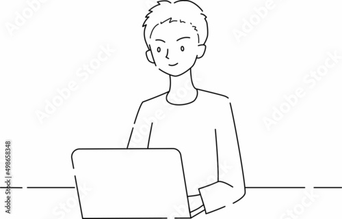 ノートパソコンを操作する男性（線画）