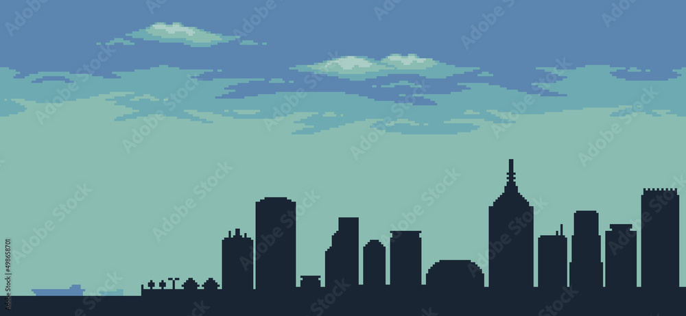 Pixel art city background blue
with buildings, constructions, bridge and cloudy sky for 8bit game