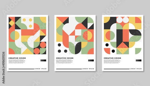 Set of Retro Geometric Covers. Abstract Shape Composition. Colorful neo geometric poster. Modern abstract promotional flyer background vector illustration set.
