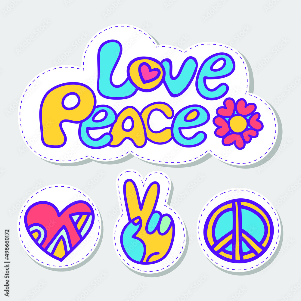 et of cartoon peace symbols vector stickers. Love and peace signs  for print, tee, clothing print, poster