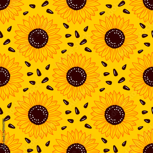 Sunflowers seamless pattern, Sunflowers and sunflower seeds, Bright repeat yellow sunflowers background, Vector illustration