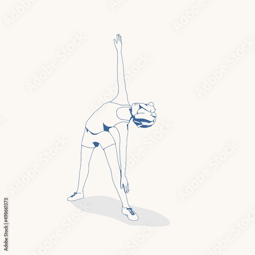 Young female workout. Sport girl doing stretching exercise. Casual sportwear - t-shirt, breeches and sneakers. Young woman wearing workout clothes. Sport fashion girl outline in urban casual style.