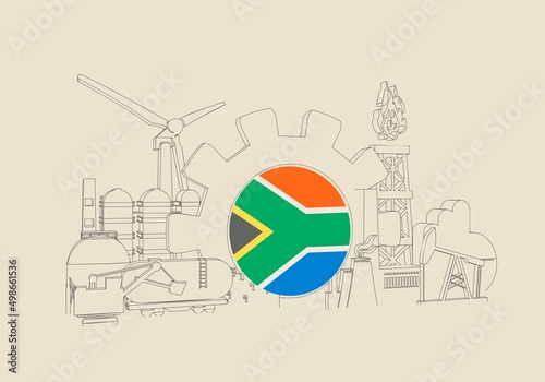 Energy and power industrial concept. Industrial icons and gear with flag of South Africa.