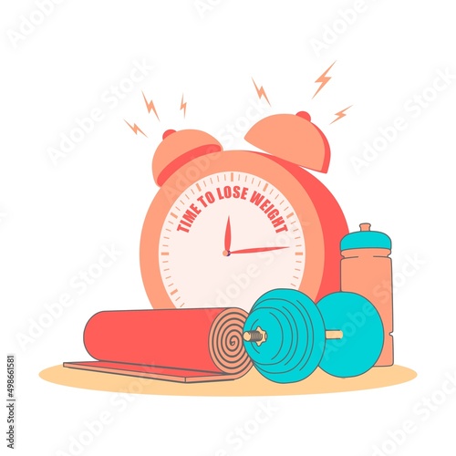 Gym training and home exercising and fitness equipment. Dumbbell, yoga mat and bottle. Tools for healthy lifestyle and wellbeing. Alarm clock with time to lose weight text.