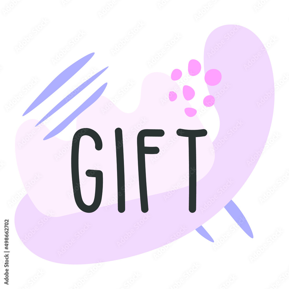 Modern flat icon template illustration with text Gift in pink, soft blue, purple and dark gray or black with spots, shapes, lines and dots decoration for cards, banners, posters, stickers Modern flat icon template illustration with text Gift in pink, soft blue, purple and dark gray or black with spots, shapes, lines and dots decoration for cards, banners, posters, stickers