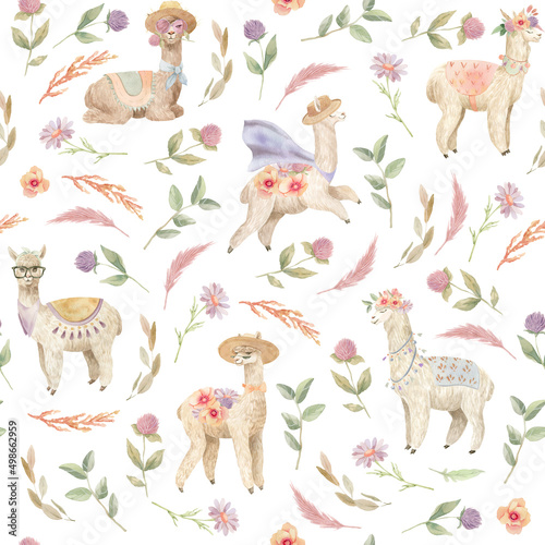 Seamless (surface) pattern with cute alpacas (llama) and floral elements.