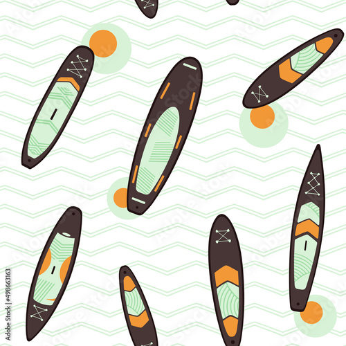 Stand Up Paddle Boarding SUP surfing elements  seamless pattern vector illustration with SUPboard, waves in scandinavian style design in orange, green, brown colors on a white background.