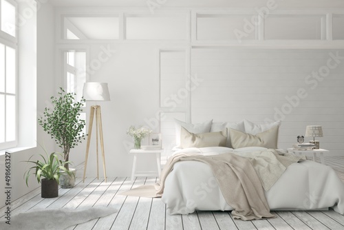 Soft color bedroom interior. Scandinavian design. 3D illustration