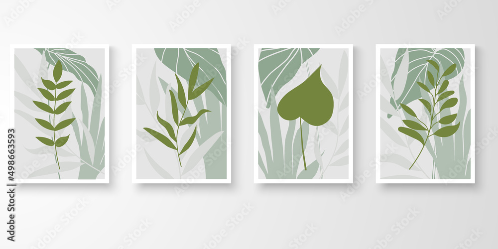 Set of wall art with frames. Modern line art drawing with abstract organic shape composition green tone. plants, stone, alocasia palm art vector illustration.