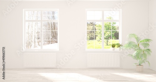 Hight resolutuin image of white empty room concept with summer and winter landscape in window. Scandinavian interior design. 3D illustration