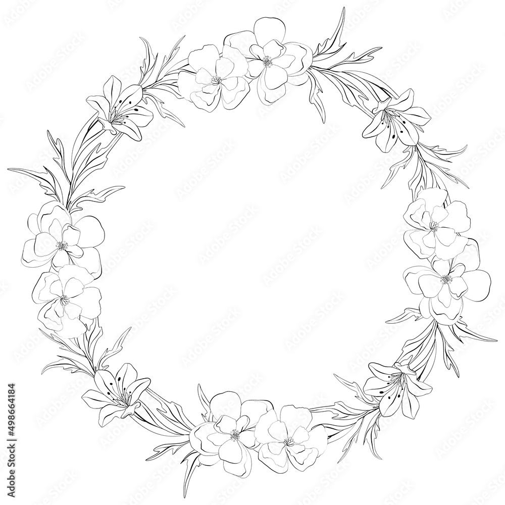 Flower wreath. Composition from botanical elements. Flowers and leaves in line art style.