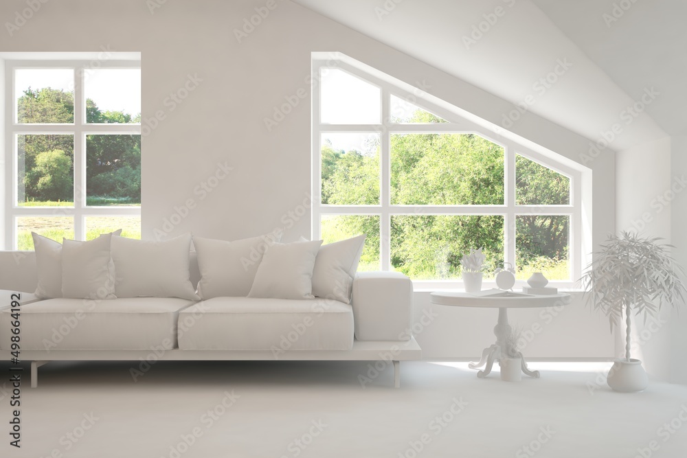 Fototapeta premium Mock up of stylish room in white color with sofa and green landscape in window. Scandinavian interior design. 3D illustration