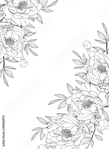 Floral frame. Greeting card design. Composition from botanical elements. Flowers and leaves in line art style.