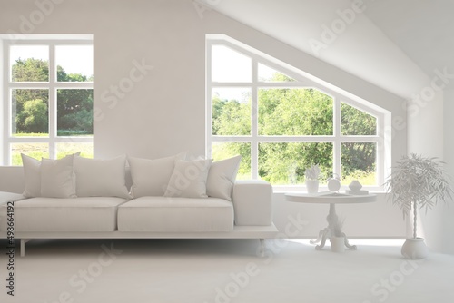 Mock up of stylish room in white color with sofa and green landscape in window. Scandinavian interior design. 3D illustration