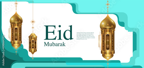 Vector Illustration golden lantern and mosque for islamic eid mubarak card banner
