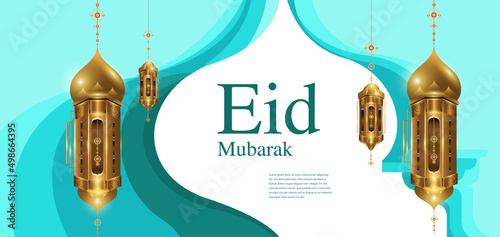 Vector Illustration golden lantern and mosque for islamic eid mubarak card banner
