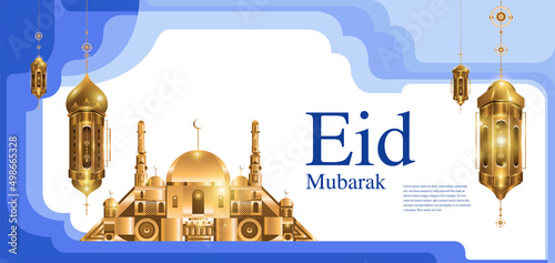 Vector Illustration golden lantern and mosque for islamic eid mubarak card banner
