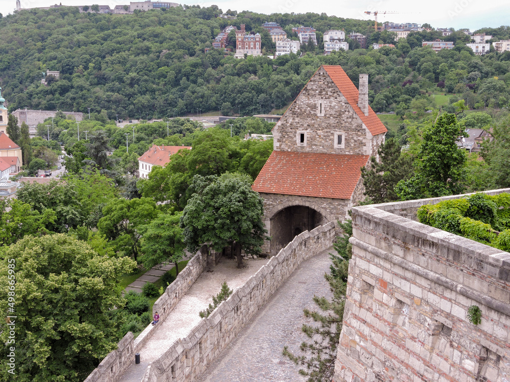 Budapest Hungary Old Castle Like Grounds with Tunnel Under a Building and Greenery