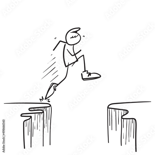 hand drawn doodle man jumping across the hill gap illustration vector